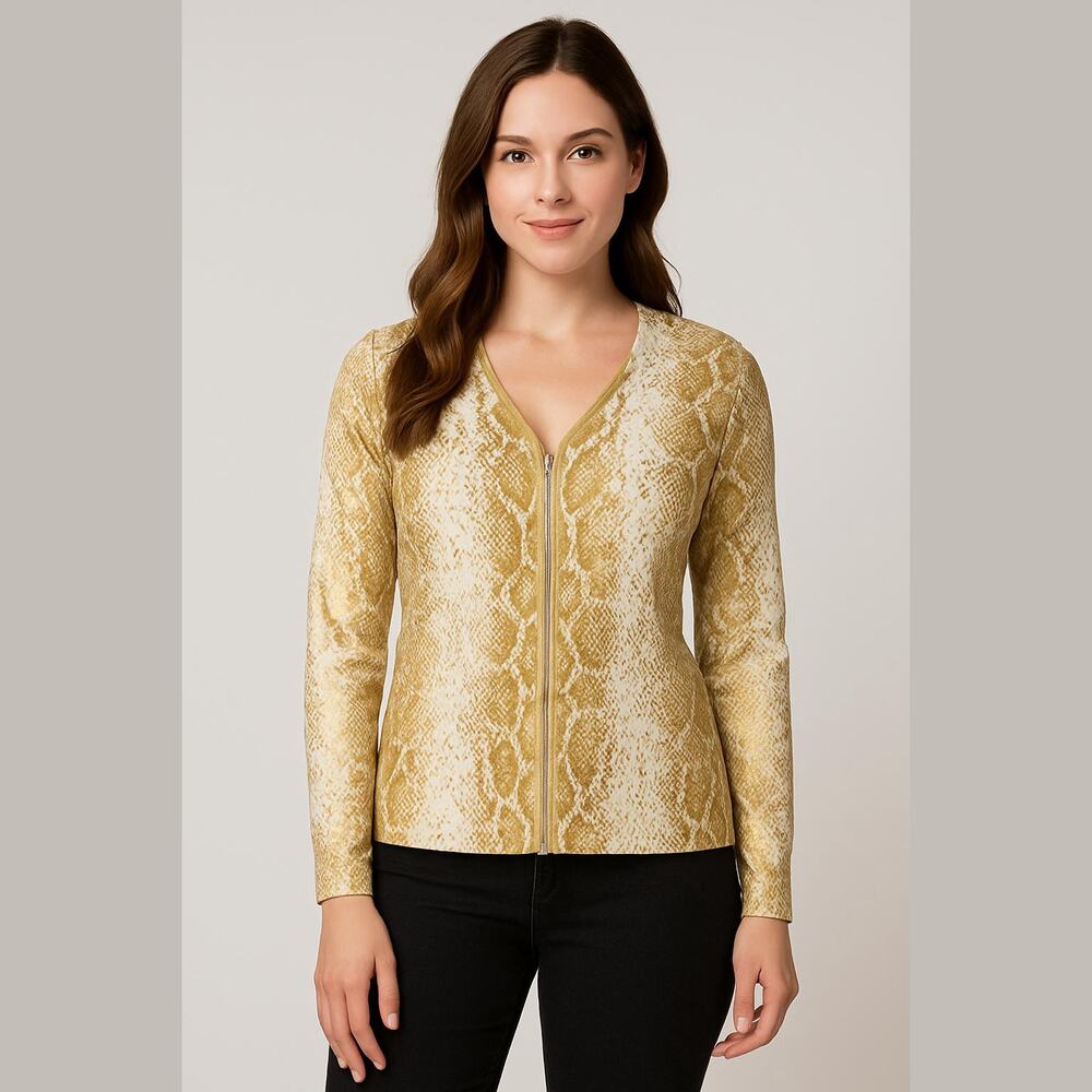Boston Proper Gold White Snakeskin Metallic Knit Zip Up Cardigan Sweater S